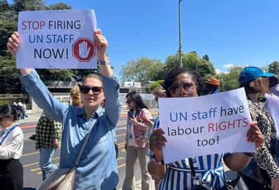 Image for Hundreds of UN staff in Swiss city protest job cuts triggered by Trump