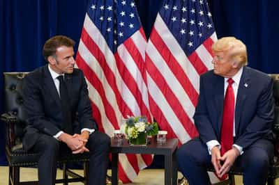 Image for Macron, sitting next to Trump, says recognizing Palestine does not ignore Hamas attack